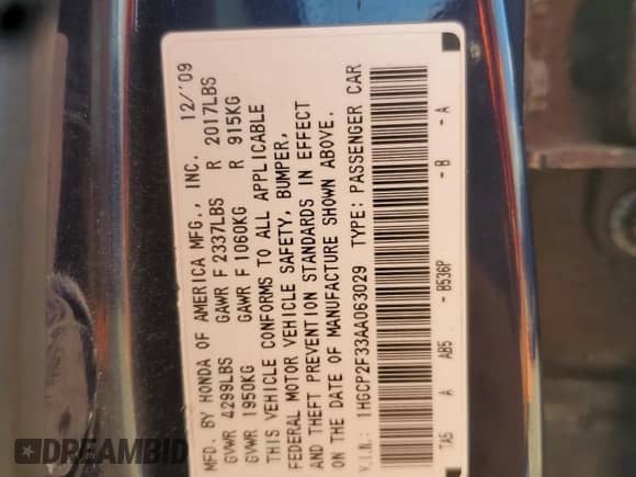 2010 Honda Accord LX with VIN 1HGCP2F33AA063029, listed as a Copart auction lot 69650195 with 208,271 mi miles and Salvage title. Bid and sale history available at DreamBid. Image 13.