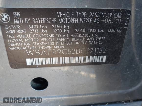 2011 BMW 5 Series 550i with VIN WBAFR9C52BC271152, listed as a IAAI auction lot 41432104 with 151,061 mi miles and . Bid and sale history available at DreamBid. Image 9.