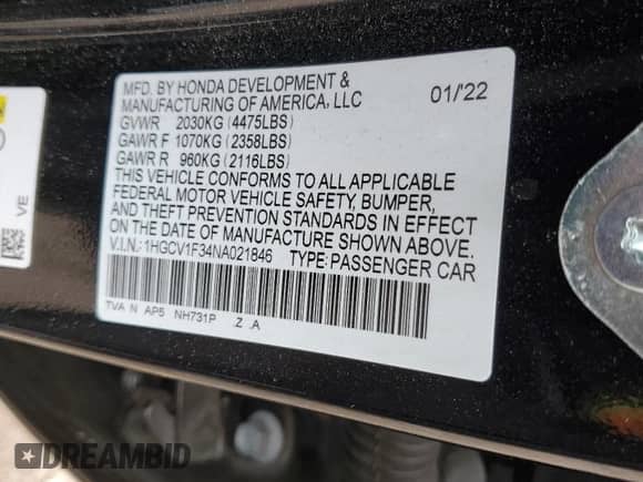 2022 Honda Accord Sport with VIN 1HGCV1F34NA021846, listed as a Copart auction lot 81188895 with 37,617 mi miles and Salvage title. Bid and sale history available at DreamBid. Image 12.