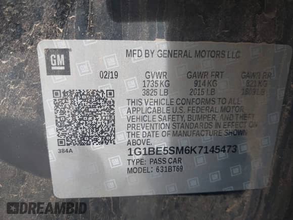 2019 Chevrolet Cruze LT с VIN 1G1BE5SM6K7145473, выставлен на аукционе IAAI как лот 42653220 с пробегом 100 468 миль миль и . История ставок и продаж доступна на DreamBid. Изображение 9.