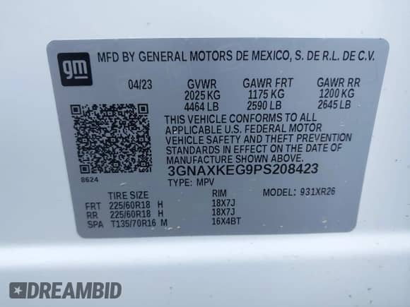 2023 Chevrolet Equinox LT with VIN 3GNAXKEG9PS208423, listed as a IAAI auction lot 43169272 with 12,072 mi miles and . Bid and sale history available at DreamBid. Image 9.
