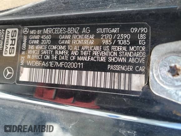 1991 Mercedes-Benz 300 с VIN WDBFA61E7MF020011, выставлен на аукционе Copart как лот 84235894 с пробегом Не указан миль и Списание • Salvage title. История ставок и продаж доступна на DreamBid. Изображение 12.