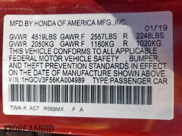 2019 Honda Accord EX-L with VIN 1HGCV3F56KA004989, listed as a Copart auction lot 71200425 with 88,248 mi miles and Salvage title. Bid and sale history available at DreamBid. Image 12.