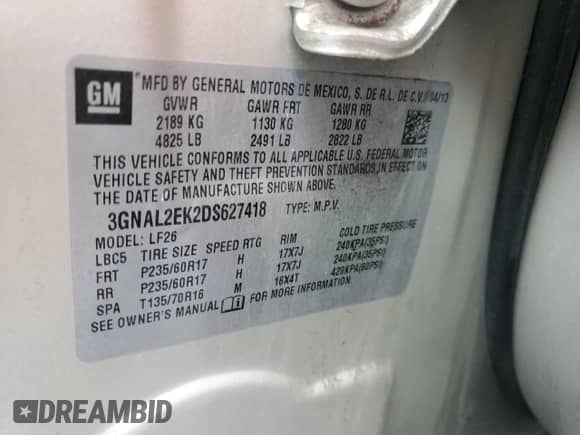 2013 Chevrolet Captiva Sport LS z VIN 3GNAL2EK2DS627418, wystawiony jako Copart lot #64761184 z przebiegiem 82 313 mil mil oraz Szkoda całkowita • Salvage title. Historia ofert i sprzedaży dostępna na DreamBid. Obrazek 13.