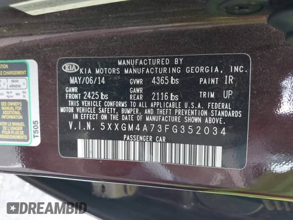 2015 Kia Optima LX z VIN 5XXGM4A73FG352034, wystawiony jako IAAI lot #43258532 z przebiegiem 208 826 mil mil oraz . Historia ofert i sprzedaży dostępna na DreamBid. Obrazek 9.