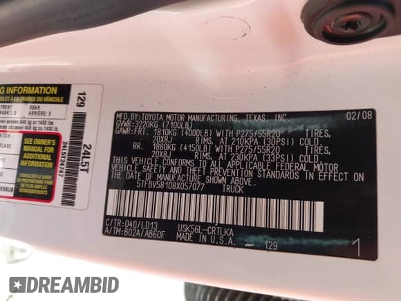 2008 Toyota Tundra Limited с VIN 5TFBV58108X057077, выставлен на аукционе IAAI как лот 41768968 с пробегом 328 249 миль миль и . История ставок и продаж доступна на DreamBid. Изображение 9.