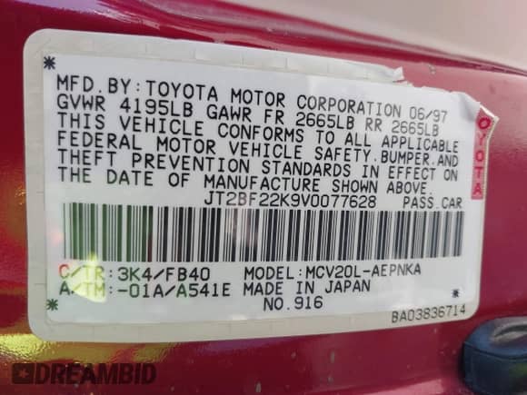 1997 Toyota Camry LE z VIN JT2BF22K9V0077628, wystawiony jako IAAI lot #42770453 z przebiegiem 257 721 mil mil oraz . Historia ofert i sprzedaży dostępna na DreamBid. Obrazek 9.