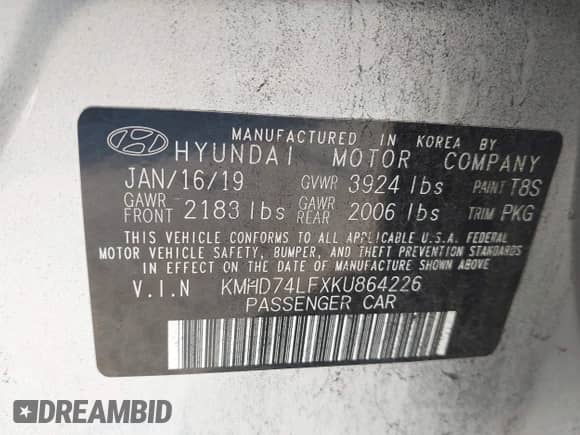 2019 Hyundai Elantra SE with VIN KMHD74LFXKU864226, listed as a IAAI auction lot 43113534 with 56,561 mi miles and . Bid and sale history available at DreamBid. Image 9.