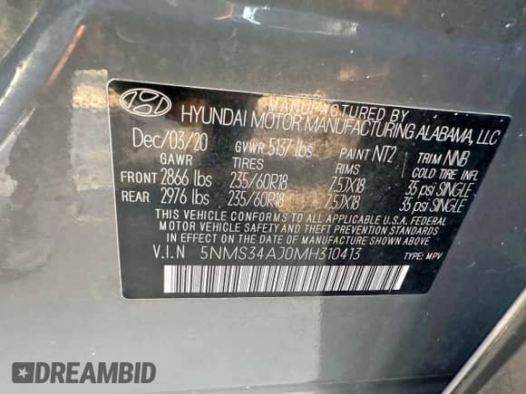 2021 Hyundai Santa Fe SEL с VIN 5NMS34AJ0MH310413, выставлен на аукционе Copart как лот 91517905 с пробегом 143 321 миль миль и Чистый • Clean title. История ставок и продаж доступна на DreamBid. Изображение 10.