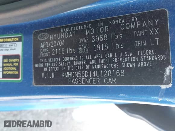 2004 Hyundai Elantra GT z VIN KMHDN56D14U128168, wystawiony jako IAAI lot #42229440 z przebiegiem 192 864 mil mil oraz . Historia ofert i sprzedaży dostępna na DreamBid. Obrazek 9.