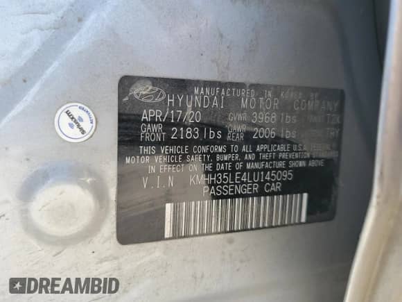 2020 Hyundai Elantra z VIN KMHH35LE4LU145095, wystawiony jako Copart lot #68558065 z przebiegiem 60 917 mil mil oraz Szkoda całkowita • Salvage title. Historia ofert i sprzedaży dostępna na DreamBid. Obrazek 12.