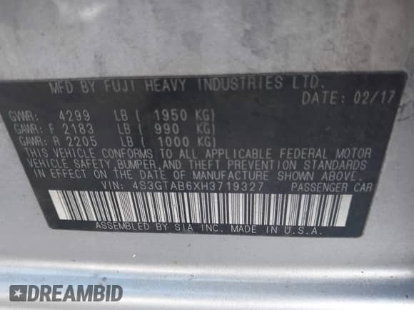2017 Subaru Impreza Premium with VIN 4S3GTAB6XH3719327, listed as a IAAI auction lot 42642944 with 106,350 mi miles and . Bid and sale history available at DreamBid. Image 9.