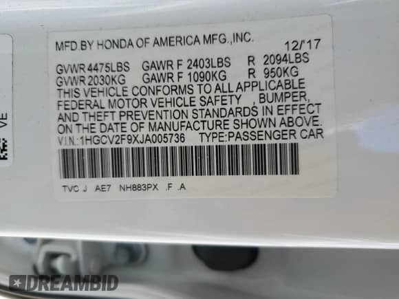 2018 Honda Accord Touring with VIN 1HGCV2F9XJA005736, listed as a Copart auction lot 56587015 with 149,196 mi miles and Salvage title. Bid and sale history available at DreamBid. Image 12.