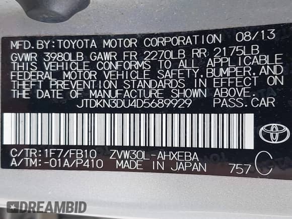 2013 Toyota Prius Two with VIN JTDKN3DU4D5689929, listed as a IAAI auction lot 43167741 with 81,814 mi miles and . Bid and sale history available at DreamBid. Image 9.
