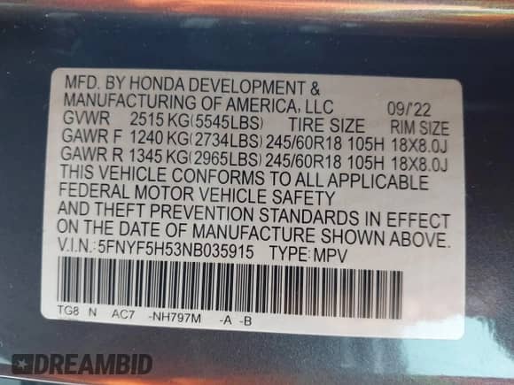 2022 Honda Pilot EX-L z VIN 5FNYF5H53NB035915, wystawiony jako IAAI lot #41956022 z przebiegiem 12 956 mil mil oraz . Historia ofert i sprzedaży dostępna na DreamBid. Obrazek 9.