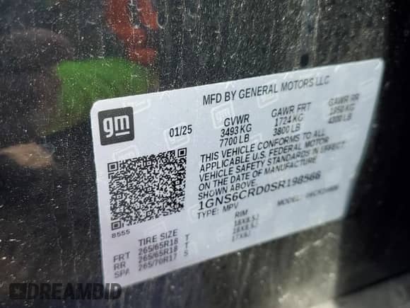 2025 Chevrolet Suburban LT с VIN 1GNS6CRD0SR198566, выставлен на аукционе Copart как лот 70065795 с пробегом Не указан миль и Чистый • Clean title. История ставок и продаж доступна на DreamBid. Изображение 13.