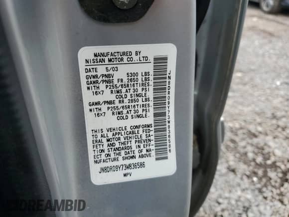 2003 Nissan Pathfinder LE z VIN JN8DR09Y73W836586, wystawiony jako Copart lot #87281925 z przebiegiem 261 995 mil mil oraz Czysty tytuł • Clean title. Historia ofert i sprzedaży dostępna na DreamBid. Obrazek 13.