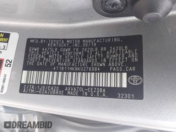 2019 Toyota Camry LE с VIN 4T1B11HK8KU276984, выставлен на аукционе IAAI как лот 43573452 с пробегом 222 174 миль миль и . История ставок и продаж доступна на DreamBid. Изображение 9.