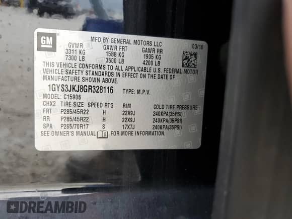 2016 Cadillac Escalade ESV Premium Collection с VIN 1GYS3JKJ8GR328116, выставлен на аукционе Copart как лот 89066055 с пробегом 78 621 миль миль и На запчасти • Non repairable. История ставок и продаж доступна на DreamBid. Изображение 14.