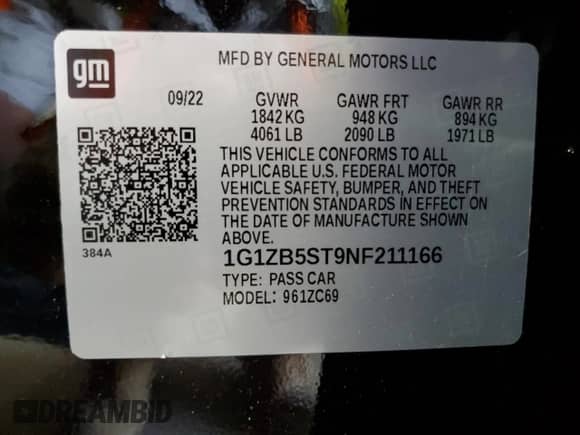 2022 Chevrolet Malibu LS z VIN 1G1ZB5ST9NF211166, wystawiony jako Copart lot #82155765 z przebiegiem 36 741 mil mil oraz Szkoda całkowita • Salvage title. Historia ofert i sprzedaży dostępna na DreamBid. Obrazek 12.