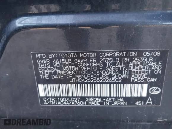 2008 Lexus IS 250 с VIN JTHCK262682026502, выставлен на аукционе IAAI как лот 43030687 с пробегом 231 316 миль миль и . История ставок и продаж доступна на DreamBid. Изображение 9.