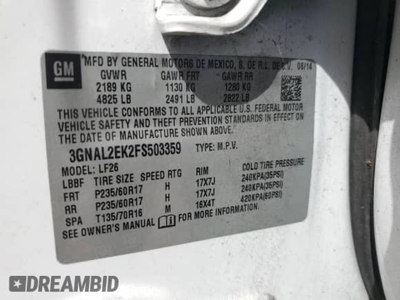 2015 Chevrolet Captiva Sport LS с VIN 3GNAL2EK2FS503359, выставлен на аукционе Copart как лот 80503174 с пробегом 62 655 миль миль и Списание • Salvage title. История ставок и продаж доступна на DreamBid. Изображение 15.