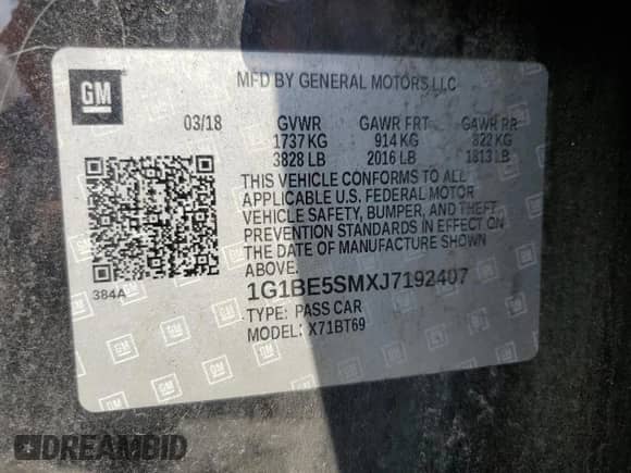 2018 Chevrolet Cruze LT с VIN 1G1BE5SMXJ7192407, выставлен на аукционе Copart как лот 68249915 с пробегом 97 087 миль миль и Списание • Salvage title. История ставок и продаж доступна на DreamBid. Изображение 12.