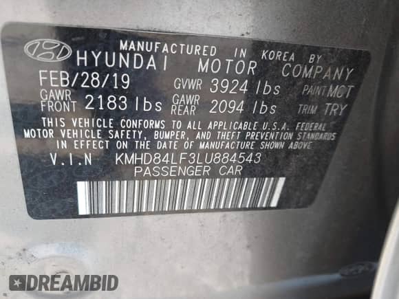 2020 Hyundai Elantra SEL with VIN KMHD84LF3LU884543, listed as a IAAI auction lot 42908180 with 75,264 mi miles and . Bid and sale history available at DreamBid. Image 9.