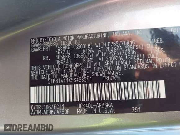 2005 Toyota Tundra SR5 с VIN 5TBBT441X5S458541, выставлен на аукционе IAAI как лот 43279502 с пробегом 176 590 миль миль и . История ставок и продаж доступна на DreamBid. Изображение 9.
