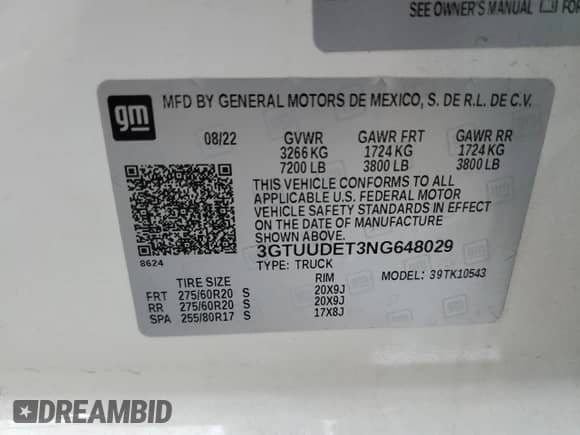 2022 GMC Sierra 1500 SLT with VIN 3GTUUDET3NG648029, listed as a Copart auction lot 79258414 with Not provided miles and Salvage title. Bid and sale history available at DreamBid. Image 13.