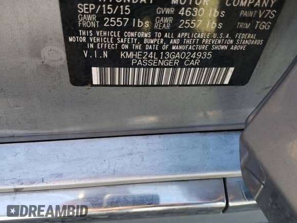 2016 Hyundai Sonata SE with VIN KMHE24L13GA024935, listed as a Copart auction lot 85566335 with 156,032 mi miles and Salvage title. Bid and sale history available at DreamBid. Image 12.