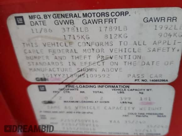 1987 Chevrolet Corvette with VIN 1G1YY2189H5109592, listed as a Copart auction lot 86312374 with 91,261 mi miles and Clean title. Bid and sale history available at DreamBid. Image 12.