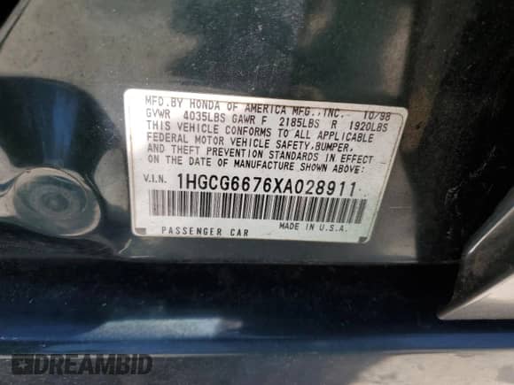 1999 Honda Accord EX with VIN 1HGCG6676XA028911, listed as a Copart auction lot 57597235 with 190,122 mi miles and Salvage title. Bid and sale history available at DreamBid. Image 12.