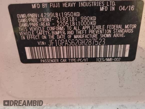 2016 Subaru Impreza Special Sports Premium z VIN JF1GPAS62GH287523, wystawiony jako Copart lot #68816605 z przebiegiem 137 885 mil mil oraz Szkoda całkowita • Salvage title. Historia ofert i sprzedaży dostępna na DreamBid. Obrazek 12.