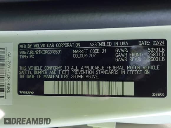 2024 Volvo S60 Core Dark Theme z VIN 7JRL12TK3RG318591, wystawiony jako IAAI lot #42562364 z przebiegiem 17 170 mil mil oraz . Historia ofert i sprzedaży dostępna na DreamBid. Obrazek 9.