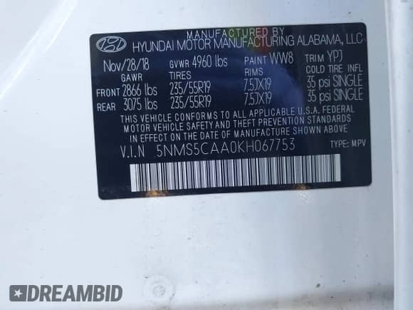 2019 Hyundai Santa Fe Ultimate с VIN 5NMS5CAA0KH067753, выставлен на аукционе IAAI как лот 41884396 с пробегом 31 343 миль миль и . История ставок и продаж доступна на DreamBid. Изображение 9.