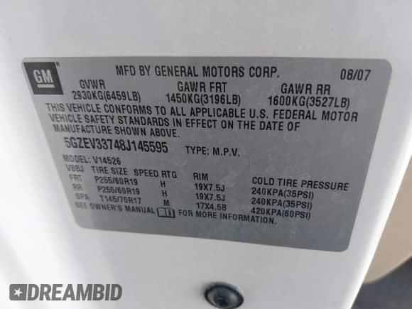 2008 Saturn Outlook XR with VIN 5GZEV33748J145595, listed as a IAAI auction lot 41775497 with 171,867 mi miles and . Bid and sale history available at DreamBid. Image 9.