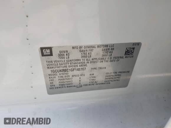 2016 Chevrolet Silverado 1500 LT with VIN 1GCUKREC1GF145767, listed as a IAAI auction lot 41869630 with 133,407 mi miles and . Bid and sale history available at DreamBid. Image 9.