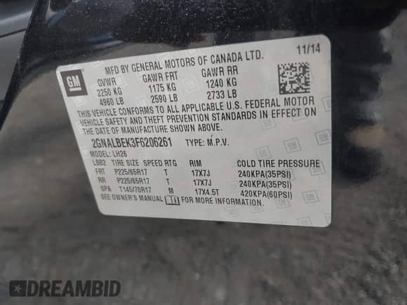 2015 Chevrolet Equinox LT with VIN 2GNALBEK3F6206261, listed as a IAAI auction lot 43388638 with 144,882 mi miles and . Bid and sale history available at DreamBid. Image 9.