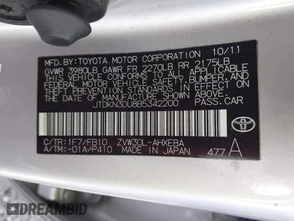 2011 Toyota Prius I with VIN JTDKN3DU8B5342200, listed as a IAAI auction lot 43249104 with 165,066 mi miles and . Bid and sale history available at DreamBid. Image 9.