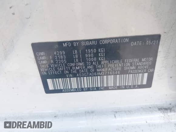 2021 Subaru Impreza Premium with VIN 4S3GTAD68M3716546, listed as a IAAI auction lot 42469234 with 55,450 mi miles and . Bid and sale history available at DreamBid. Image 9.