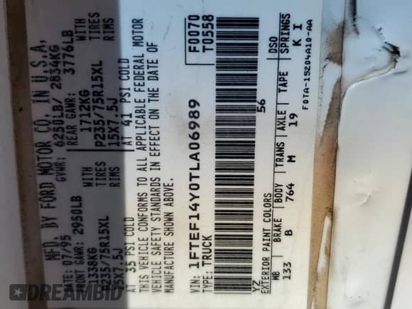 1996 Ford F-150 с VIN 1FTEF14Y0TLA06989, выставлен на аукционе Copart как лот 55242585 с пробегом Не указан миль и Списание • Salvage title. История ставок и продаж доступна на DreamBid. Изображение 12.