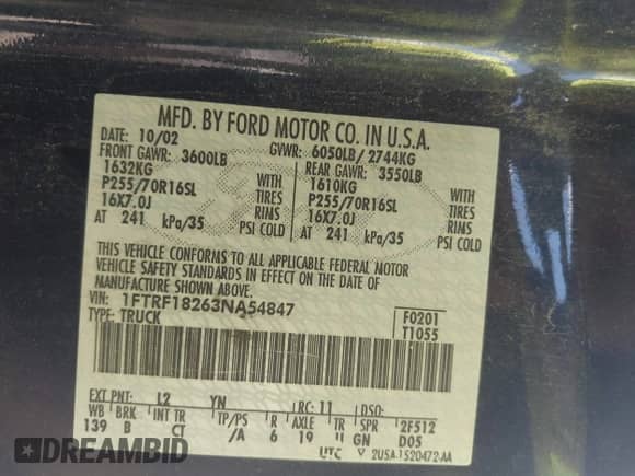 2003 Ford F-150 XL z VIN 1FTRF18263NA54847, wystawiony jako IAAI lot #43050454 z przebiegiem Nie podano mil oraz . Historia ofert i sprzedaży dostępna na DreamBid. Obrazek 9.