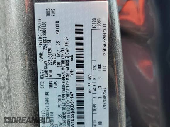 2022 Ford F-150 XL z VIN 1FTFW1E59NKD51147, wystawiony jako Copart lot #52342765 z przebiegiem 128 926 mil mil oraz Szkoda całkowita • Salvage title. Historia ofert i sprzedaży dostępna na DreamBid. Obrazek 15.