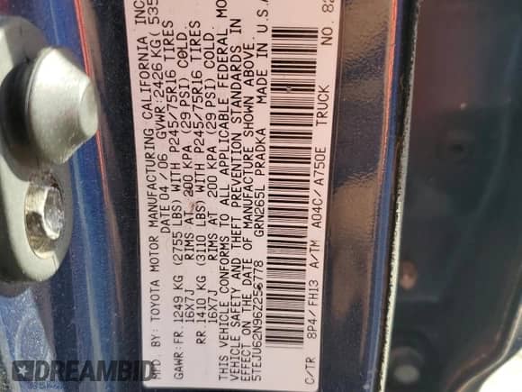 2006 Toyota Tacoma PreRunner with VIN 5TEJU62N96Z256778, listed as a Copart auction lot 86139225 with 134,833 mi miles and Salvage title. Bid and sale history available at DreamBid. Image 13.