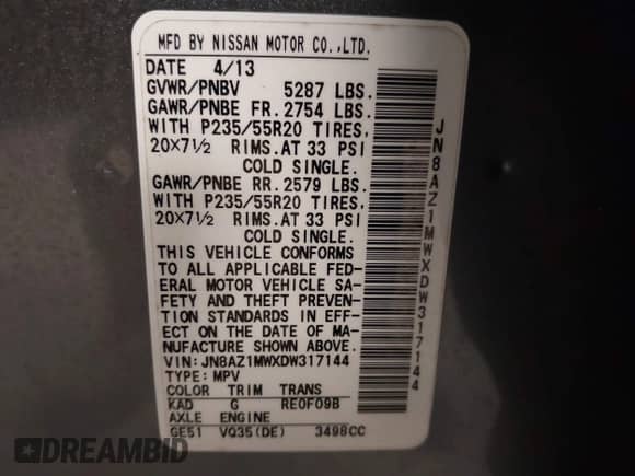 2013 Nissan Murano S с VIN JN8AZ1MWXDW317144, выставлен на аукционе IAAI как лот 42080647 с пробегом 184 050 миль миль и . История ставок и продаж доступна на DreamBid. Изображение 9.