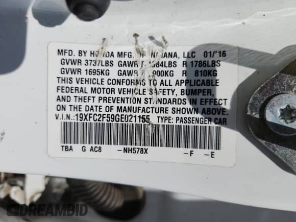 2016 Honda Civic LX with VIN 19XFC2F59GE021155, listed as a Copart auction lot 80144225 with 230,946 mi miles and Salvage title. Bid and sale history available at DreamBid. Image 13.