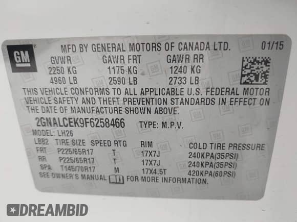 2015 Chevrolet Equinox LT с VIN 2GNALCEK9F6258466, выставлен на аукционе IAAI как лот 42009058 с пробегом 180 012 миль миль и . История ставок и продаж доступна на DreamBid. Изображение 9.