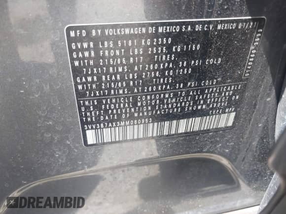 2021 Volkswagen Tiguan SE with VIN 3VV3B7AX3MM060953, listed as a IAAI auction lot 42866063 with 64,109 mi miles and . Bid and sale history available at DreamBid. Image 9.