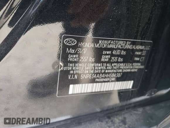 2017 Hyundai Sonata Limited with VIN 5NPE34AB4HH584387, listed as a Copart auction lot 86867084 with 89,609 mi miles and Salvage title. Bid and sale history available at DreamBid. Image 13.